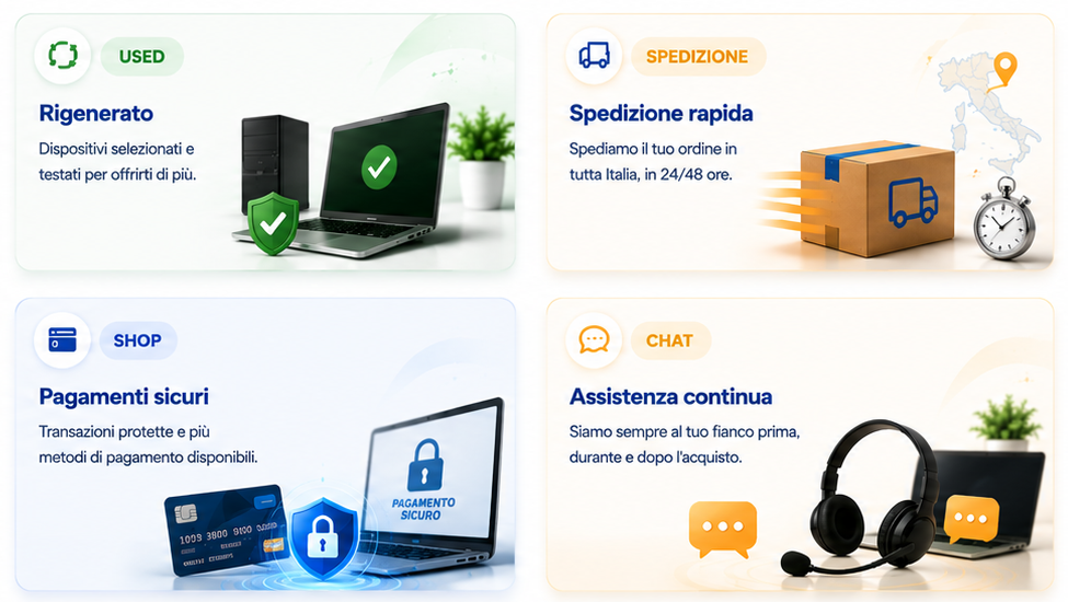 Otto punti chiave: rigenerato, spedizione rapida, pagamenti sicuri e assistenza continua.